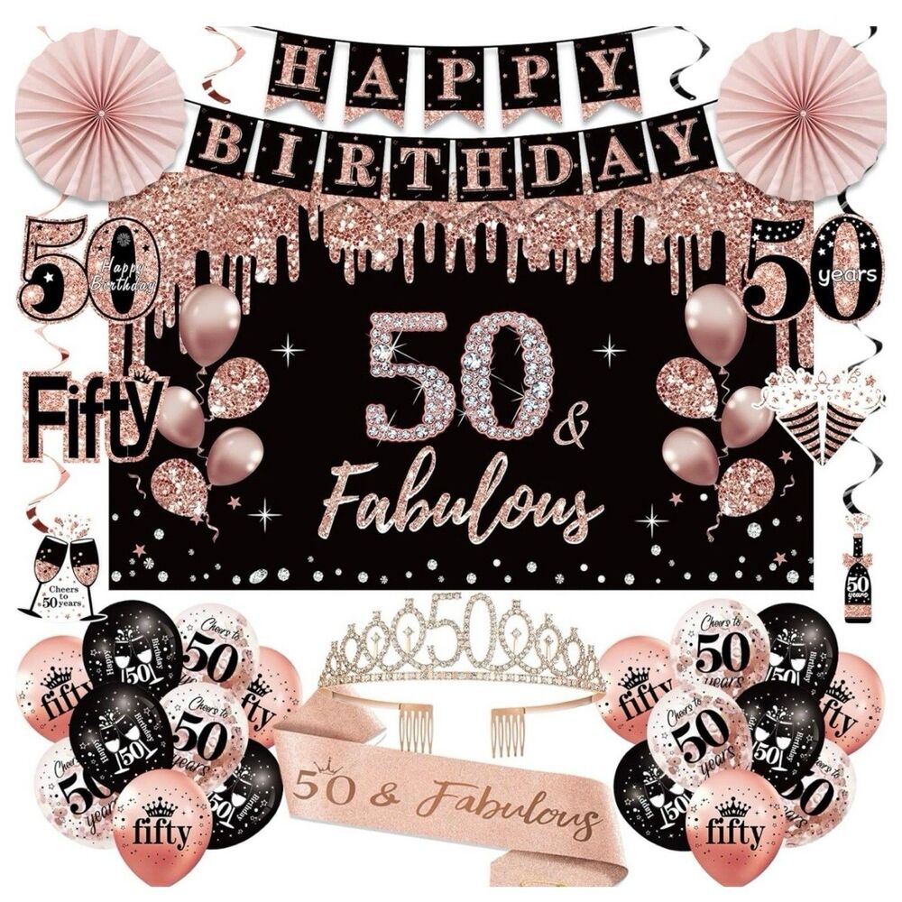 50th Birthday Decorations for Women Black Rose Gold Party Supplies Crown Sash